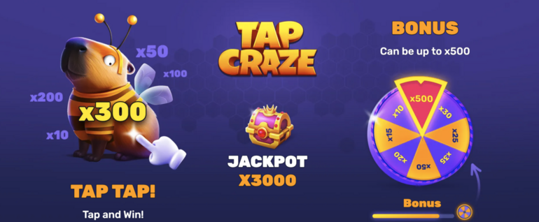Spēles "TAP CRAZE" reklāmas baneris uz violeta fona.