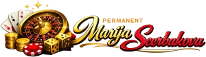 PERMANENT Marija Scerbakova_ logotips ar zelta ruleti, metamajiem kauliņiem un kārtīm uz melna fona